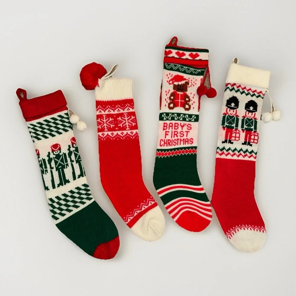 Vintage Knit Sweater‎ Style Christmas Stockings Lot of 4 Red Green White Kitschy